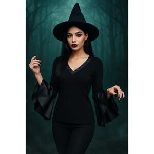 Chic Gothic Black Satin Bell Sleeve Top SZ L Witchy V-Neck  Dramatic Cuffs”